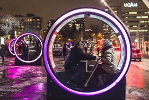 seaport public art light-up retro-futuristic railway cars photo